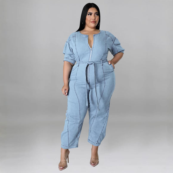Plus Size Women Clothing Summer Short Sleeve Zipper Denim Jumpsuit