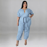 Plus Size Women Clothing Summer Short Sleeve Zipper Denim Jumpsuit