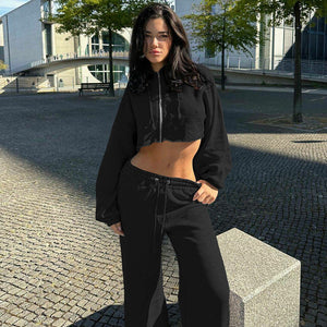 Women Clothing Autumn Winter Zipper Hooded Cropped Top Slim Casual Trousers Two Piece Sets