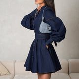 Denim Shirt Dress Niche Design Lantern Sleeve Lace up Graceful Fashionable Dress