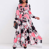 Plus Size Women Clothing Elegant Graceful Printed V Neck No Belt Large Swing Dress