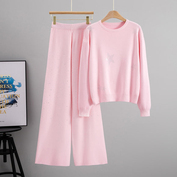 Autumn Winter Rhinestone round Neck Casual Sports Long Sleeve Two Piece Set Younger Sports Clothing