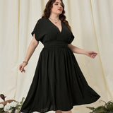 Plus Size Women Clothing V Neck Slim Fit Short Sleeved Dress Vacation High Waist A Line Seaside Beach Women