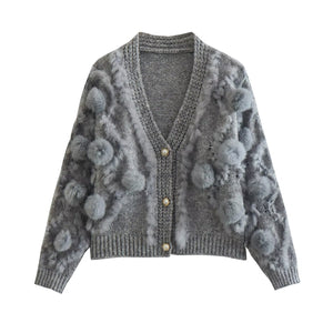 Three Dimensional Fur Ball Mink like Long Sleeved Knitted Cardigan Autumn All Matching V neck Sweater Coat