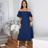 Women Clothing Denim Rubber U Collar Short Sleeve Long Pattern Dress