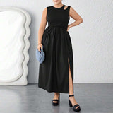 Plus Size Summer Round Neck Waist Trimming Split Maxi Dress Vest Sleeveless Stitching Dress