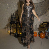 plus Size Autumn Sexy Dress Sequined Embroidered Sleeveless Women Evening Dress