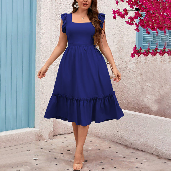 Plus Size Women Square Collar Ruffle Sleeve Dress Summer Vacation Casual Midi Dress