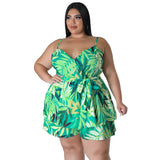 Plus Size Summer V Neck Printed Strap Lace Up Cinched Casual Two Piece Suit Women