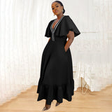 Women Wear Pocket Ruffle Sleeve V Collar Contrast Color Stitching Dress