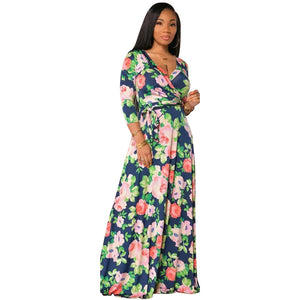 Dress Floral Print with Belt High Waist plus Size Women Dress