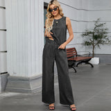 Women Clothing Autumn Washed Solid Color Denim Top Work Pant Sets