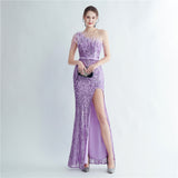 Heavy Industry Ostrich Hair Craft Beading Hair Oblique Shoulder Side Slit High End Evening Dress