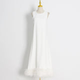 Solid Color Dress Autumn Crew Neck Sleeveless Loose Casual Hem Feather Dress