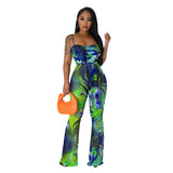 Women Wear Spaghetti Strap Floral Print Sexy Backless Bell Bottom Pants Jumpsuit Women