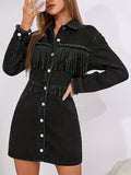 Women Slim Fit Black Long Sleeved Tassel Placket Dress