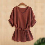 Plus Size Waist Drawstring Loose Batwing Sleeve Top V neck Short Sleeve Shirt
