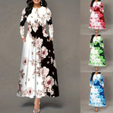 Women Clothing round Neck Long Sleeve Printed Pocket Cinched Swing Dress plus Size Maxi Dress Women