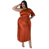 Women Clothing Spring Sexy Oblique Shoulder Drawstring Pleated Dress