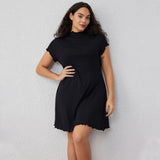 Plus Size Women Simple Elegant Short Sleeve Knitted Long Short Sleeve Dress Slimming Cinched Swing Dress