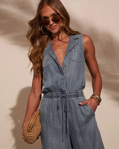 Women Clothing Summer Casual Washed out Thin Denim Jumpsuit