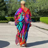 Women V Neck Dress Long Sleeve Silk Printed Dress