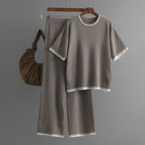 Summer Simple round Neck Short Sleeve Top Sunken Stripe Slimming Draped Pants Color-Contrasting Stripe Knitted Two Piece