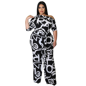 plus Size Women Clothes Spring Summer Mid Sleeve Left off Shoulder Jumpsuit Trousers