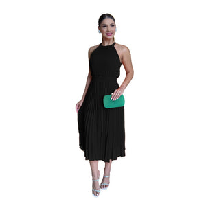 Solid Color Sleeveless Chiffon Elegant Lady Spring Summer Pleated Waist Dress