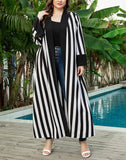 Plus Size Casual Cardigan Coat Striped Color Matching Artistic Long Sleeve Women