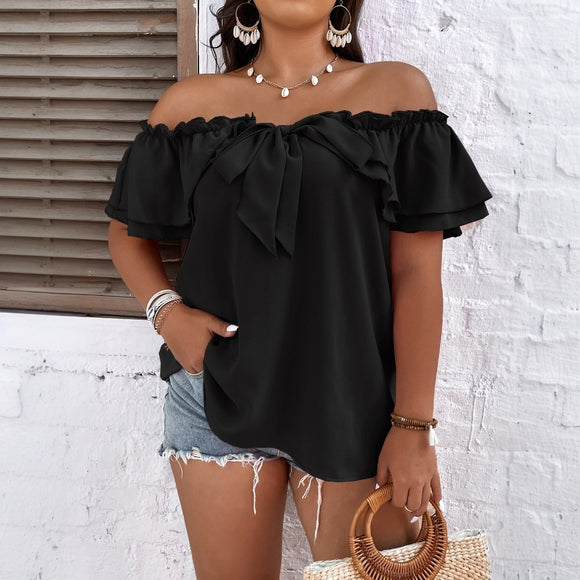 Plus Size Women All Match Office T shirt Spring Summer One Neck Bow Top