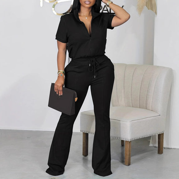 Women Clothing Casual Polo Collar Zipper Fly Short Sleeved Trousers Plus Size Casual Two Piece Sets