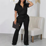 Women Clothing Casual Polo Collar Zipper Fly Short Sleeved Trousers Plus Size Casual Two Piece Sets