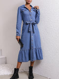 Retro Waist Controlled Slimming Long Sleeve Denim Dress Women