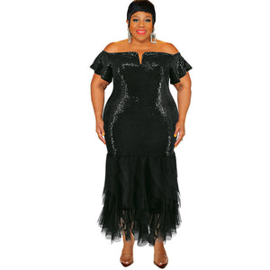 Plus Size Women Off Shoulder Sequin Assembled Mesh Maxi Dress