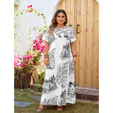 Plus Size Loose Printed Maxi Dress Short Sleeve Dress for Women
