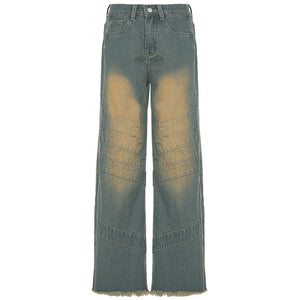 Street Vintage Retro Blue Washed Loose Jeans Striped Split Straight Leg Trousers Women