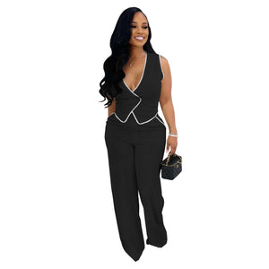 Women Wear Casual V neck Button Top Pants Two Piece Set