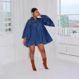 Women Elegant Loose Denim Row Pleated Stitching Women Clothing Dress