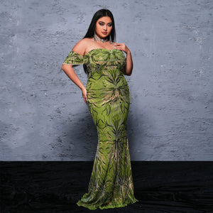 Plus Size Women Long Off Neck Cocktail Sexy Sequined Evening Dress Dress