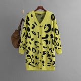 Autumn Winter Knitwear Mid Length Leopard Print Sweater Cardigan Women Baggy Coat