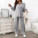 Plus Size Women Clothing Simple Comfortable Suit Autumn Winter Casual Loose Contrast Color Two Piece Set