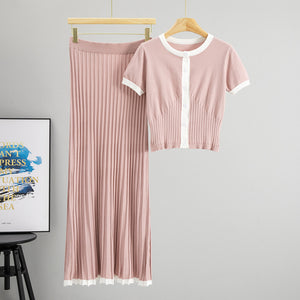 Preppy Color Contrast round Neck Short Sleeve Knitted Top High Waist Slimming Pleated Skirt Two Pieces Sets