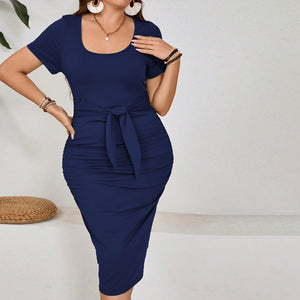 Plus Size Women Clothes Elegant U Neck Dress Summer High Waist Slim Hip Dress Women