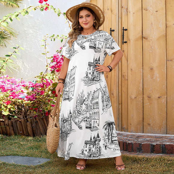 Plus Size Loose Printed Maxi Dress Short Sleeve Dress for Women
