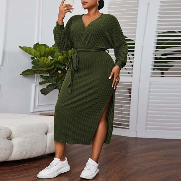 Plus Size Women Clothes V neck Lantern Sleeve Dress Autumn Winter Elegant A line Midi Dress