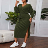 Plus Size Women Clothes V neck Lantern Sleeve Dress Autumn Winter Elegant A line Midi Dress