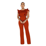 Women Clothing Summer Ruffled round Neck Solid Color Jumpsuit