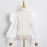 Fashionable Sweater Autumn Goddess Court Sleeve Knitwear Patchwork Top