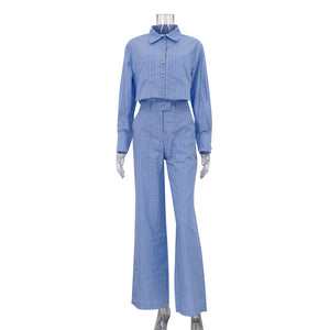 Women Clothing Striped Collared Long Sleeve Short Shirt Loose Wide Leg Pants Two Piece Set